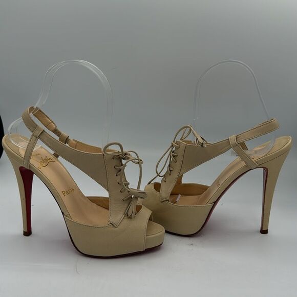CHRISTIAN LOUBOUTIN Beige Leather Sometimes Lace Up Heels EU 36.5/ US 6.5 - Picture 8 of 13